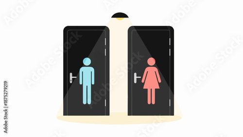 Two doors, male and female icons, illuminated by a single overhead light