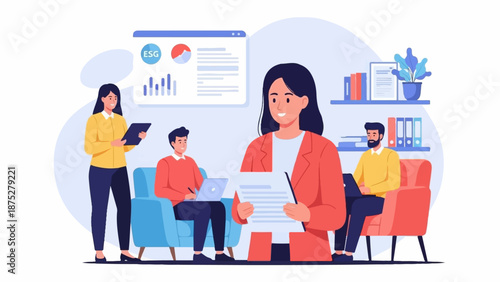 Team collaborates on ESG analysis, discussing charts and reports in a modern office