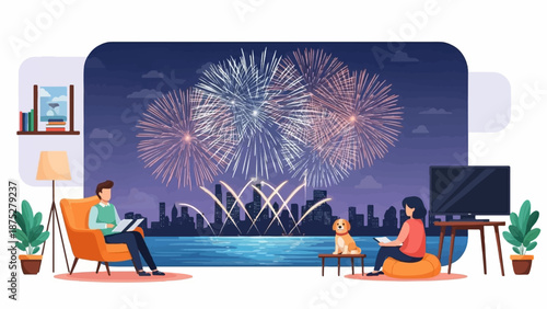 Couple and dog watch fireworks display over city skyline from home