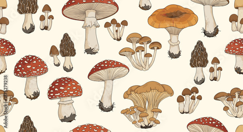 Vintage style seamless pattern of various edible and poisonous mushrooms like chanterelles and amanitas on a cream background.