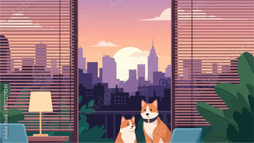 Cozy apartment view with two corgis overlooking a pixelated cityscape at sunset