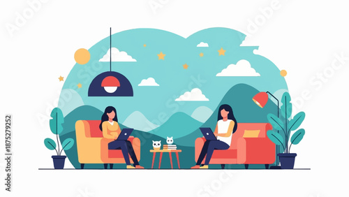 Two women comfortably work on laptops in armchairs, with plants and a cat decoration nearby