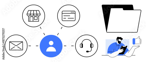 Customer service, business communication, workflow organization, online services, client interaction, remote support. User icon with connected elements thumbs up email, storefront, headset files