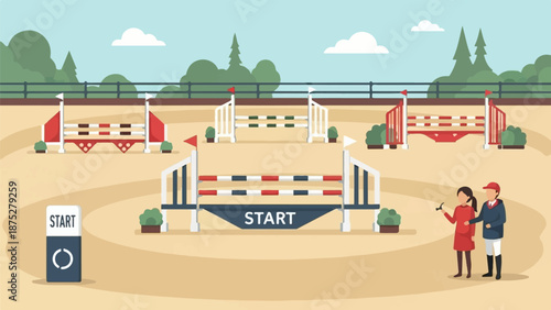 Equestrian arena with jumps and a starting gate. Two people stand near the front