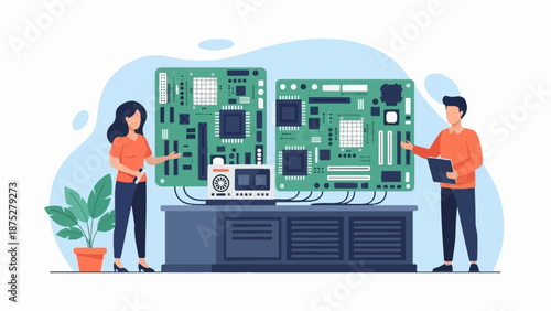 Two people examine large computer circuit boards with a fan unit on a desk