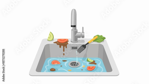 Dirty kitchen sink with food scraps and running water