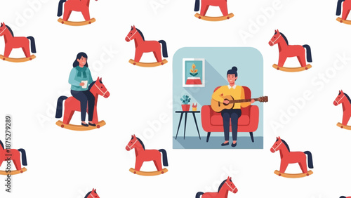Woman relaxes in armchair playing guitar while rocking horse pattern fills the background