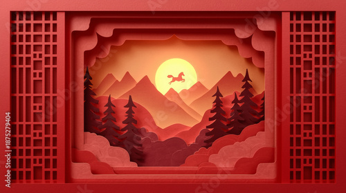 Chinese Paper Cutout Landscape With Horse Jumping Over Mountains At Sunset For Cultural And Travel Concepts