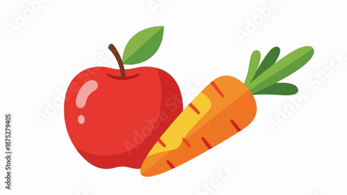 A vibrant red apple and an orange carrot with green leafy tops are presented on a white background