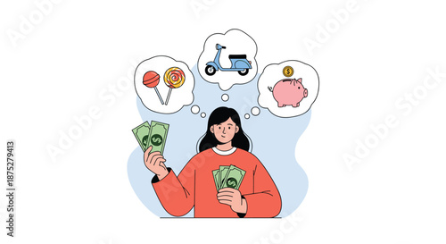 Young woman holding dollar bills while dreaming about purchasing candy, a blue scooter, and saving money in a piggy bank.