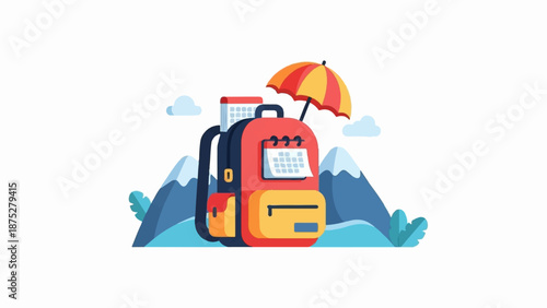 Backpack with umbrella and calendar, set against mountains and clouds