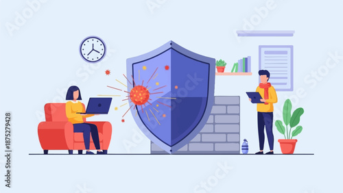 Remote work and virus protection, with shield and devices