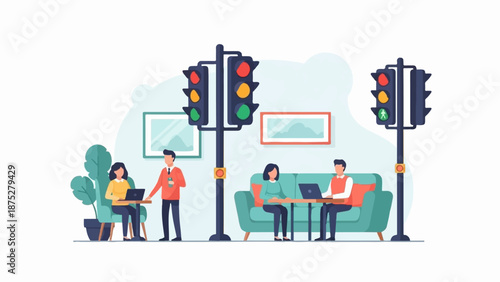 People working and relaxing near traffic signals, with plants and art