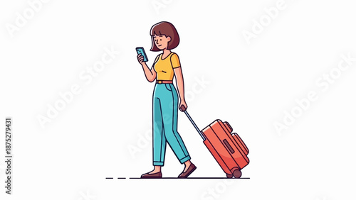 A woman in casual clothes pulls a rolling suitcase while looking at her phone