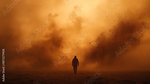 Emotional pain windscape Lone human silhouette walking through massive desert sandstorm with dramatic orange dust clouds symbolizing survival isolation and uncertainty