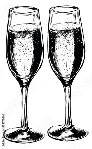 Hand drawn line art champagne flutes set featuring sparkling liquid for celebration