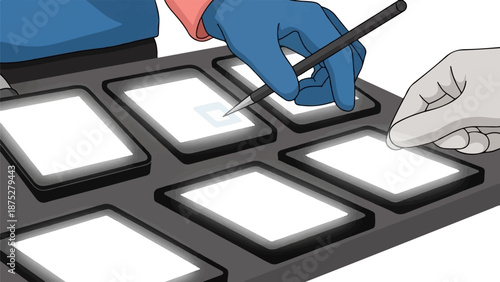 Two hands working on illuminated squares, one using a stylus