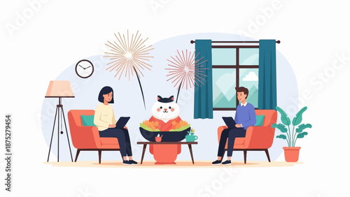 Two people sit on armchairs, each with a laptop, in a living room with fireworks