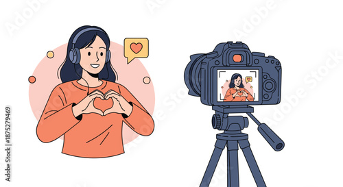 Content creator woman making a heart gesture with her hands while filming a video blog with a professional camera on tripod.