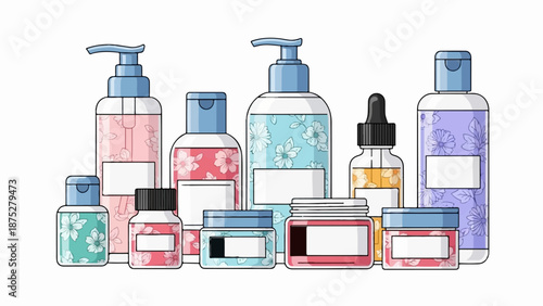 Assortment of floral-patterned cosmetic bottles and jars with blank labels