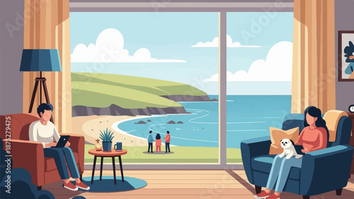 Cozy interior with a view of a serene coastal landscape and people relaxing inside