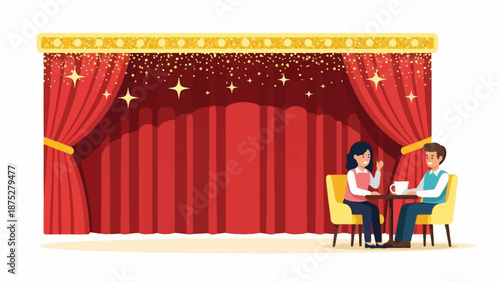 Couple enjoying coffee on plush chairs before a dazzling, star-lit red theater curtain