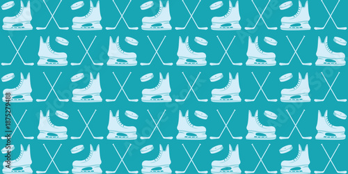 Ice hockey pattern background. ice skates, stick and puck.