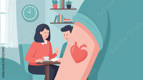 Two people in a room discussing something over coffee, one has a heart tattoo