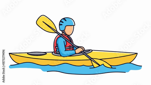 Yellow kayak with person paddling through blue water, wearing helmet and life vest