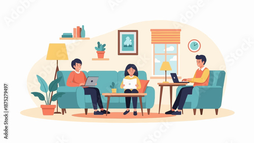 Three people are working on laptops in a living room with couches and lamps