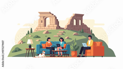 People work remotely amidst ancient ruins and modern comforts