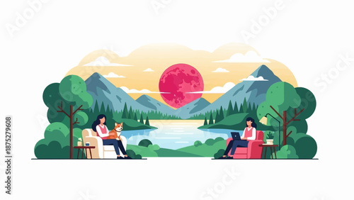 Scenic lake vista with two individuals enjoying relaxation and work amidst nature's beauty