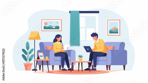 Cozy living room scene with two people relaxing