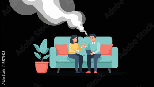 Two people sit on a teal couch, one with a laptop, another with a drink