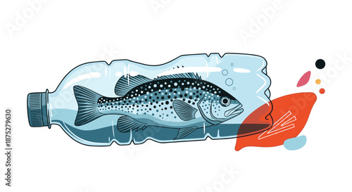 Impactful illustration of a fish trapped inside a discarded plastic bottle highlighting the problem of ocean pollution.