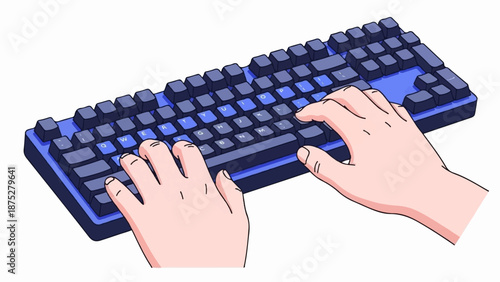 Hands typing on a blue mechanical keyboard, pixel art style