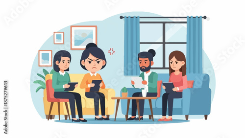 Group therapy session with one angry person, one calm person, and two listening attendees