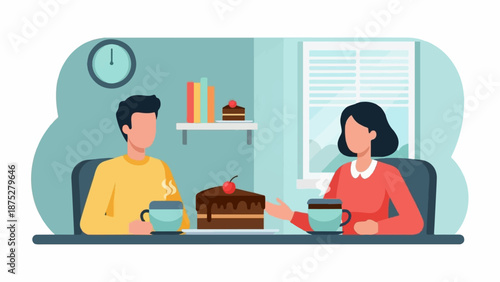 Couple sharing a slice of chocolate cake and hot beverages indoors