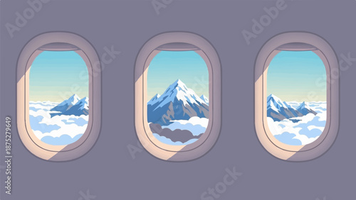 View of snow-capped mountains above clouds from airplane windows