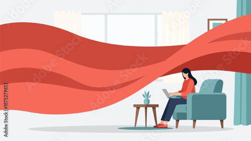 Woman working on laptop in cozy living room, red fabric wave backdrop