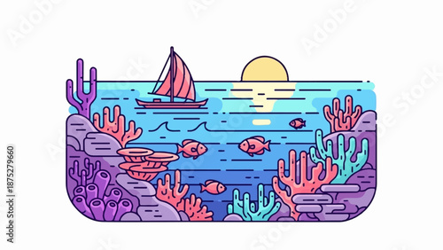 Stylized underwater scene with a sailboat, coral, fish, and sun