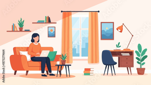 A woman works on her laptop from the comfort of her cozy home office setup