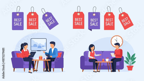 Two scenes of people interacting on sofas, with sale tags overhead
