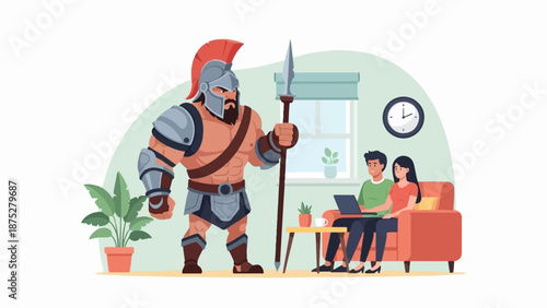 Giant warrior looms over couple working in living room