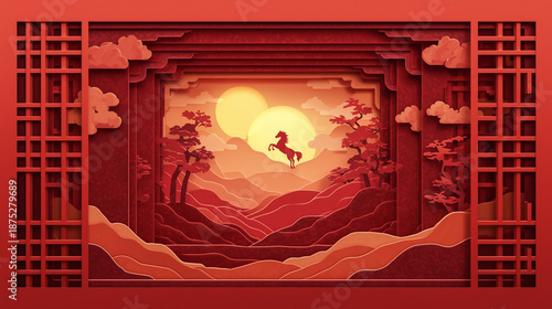 Chinese Paper Cutout Horse Galloping Through Mountains At Sunset Vector Illustration For Cultural And Travel Concepts