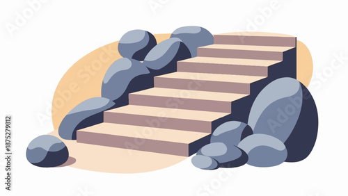 Stylized steps ascend between rounded grey stones and a sandy backdrop