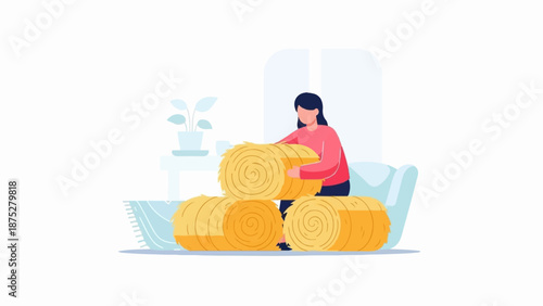 Woman holding hay bales indoors, next to a potted plant and sofa