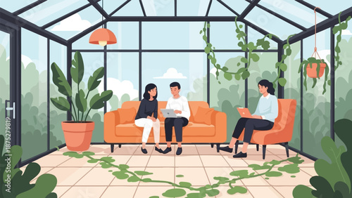 People conversing and working in a sunlit greenhouse with plants