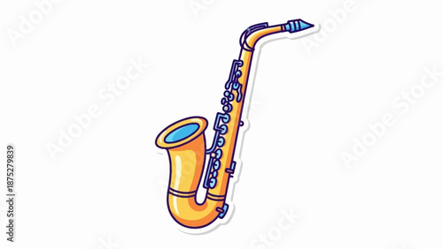Yellow saxophone with blue accents, isolated on a white background, in a cartoonish style