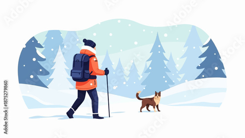 Hiker with backpack and dog trek through snow-covered forest, surrounded by pine trees and falling snow